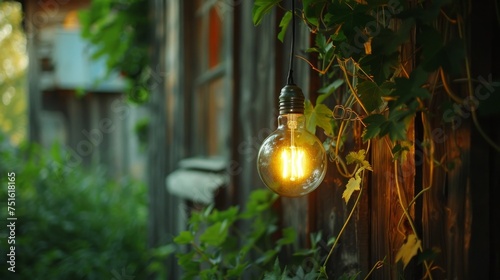 Vintage Light Bulb Hanging from Wooden Door in Natural Style photo