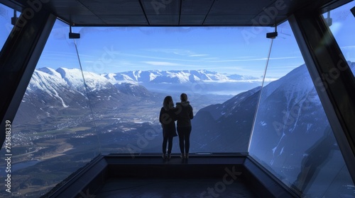 Two people are looking down from the observation deck rampestreken. Norway. Andalsnes photo