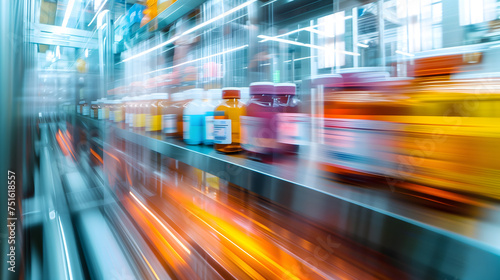 a modern pharmaceutical production facility through a long time exposure photograph, with an emphasis on the diverse colors used in the labeling and packaging of pharmacy products