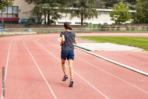 Back view of a young woman running on a stadium track; back view of a young woman jogging on a running track.