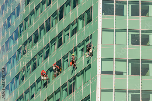 Фотография Men cleaning windows on a tall skyscraper; rope workers abseiling or rappelling on a glass skyscraper and washing windows