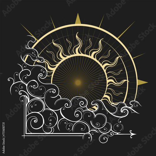 Sun and clouds Ancient Heliocentric astrological emblem isolated Vector illustration