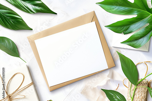 Stationery Mockup: Blank Card on White Table with Green Leaves - Greeting Card, Postcard, Birthday or Wedding Invitation Flatlay Design Template
