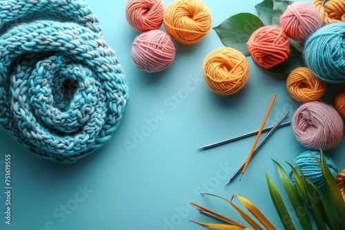 Minimalist crafting scene with rolled chunky blue yarn, colorful yarn balls, green leaves, and knitting needles on a turquoise surface.