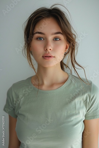 Witness a wide shot featuring a young white female adorned in a light green round neck t-shirt, crafted from smooth, wrinkle-free fabric, against a minimalist white backdrop photo