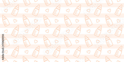 Seamless pattern with baby bottles for milk and food. Child nutrition, drink for infants and newborn kids in bottles with pacifier and ruler scale, vector outline background with stripes