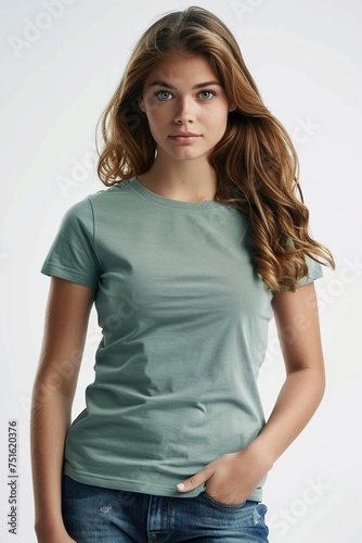 A wide shot capturing a young white woman in a smooth, unwrinkled light green round neck t-shirt against a pristine white backdrop photo