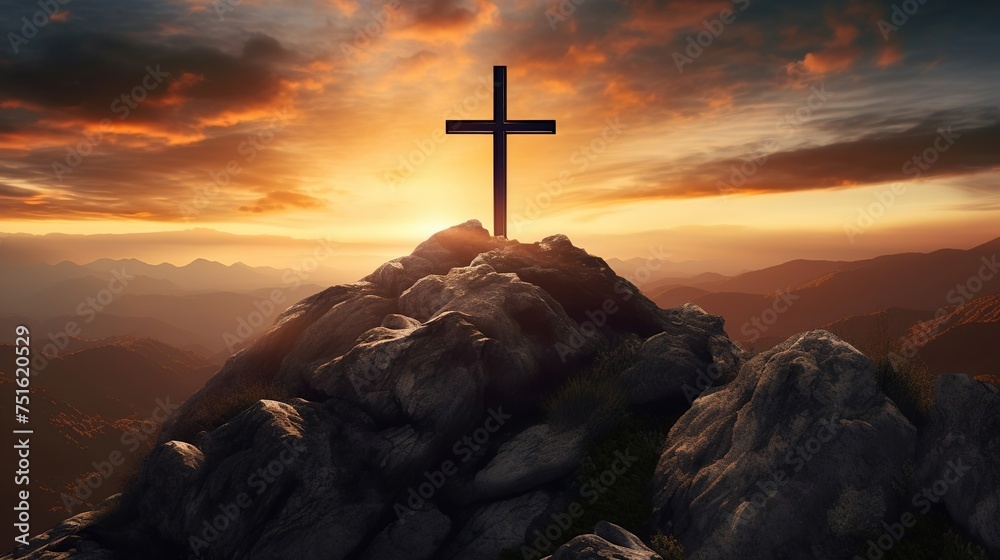 Lord Jesus cross on the mountain against sunset background, Jesus crucifixion, crucifixion, religion and Christianity, Easter day or resurrection concept - obrazy, fototapety, plakaty 
