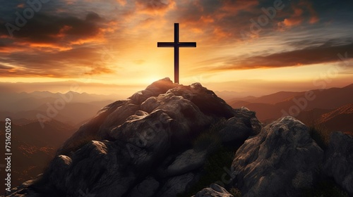 Lord Jesus cross on the mountain against sunset background, Jesus crucifixion, crucifixion, religion and Christianity, Easter day or resurrection concept