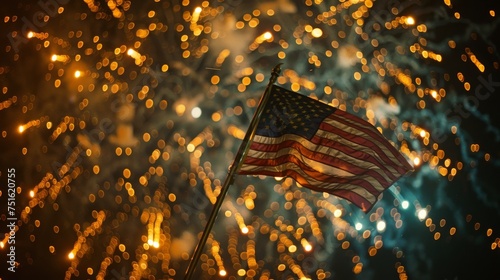 4th of July Fireworks Celebration with American Flag photo