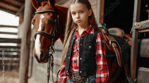 A village girl confidently leads a horse out of its stall, her posture steady and assured. The horse follows obediently, trusting the girl's guidance.