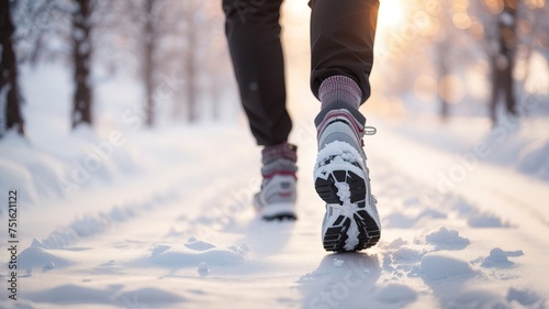 Person Walking on winter snow road, running, foot close up