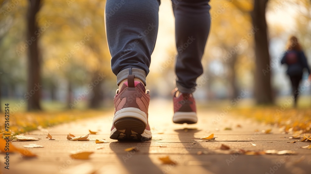 Person Walking on park, running, foot close up