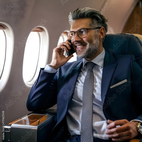 businessman  inside a private jet talking on the phone,generative ai