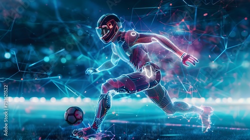 Futuristic Cyberpunk Soccer Player Kicking the Ball in the Dark © pkproject