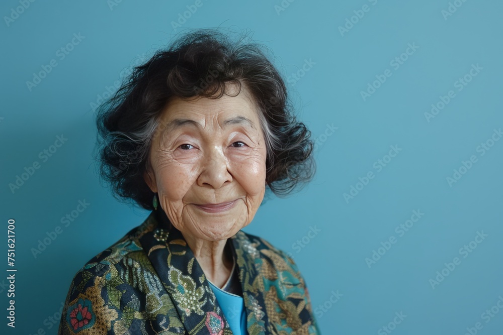Smiling elderly Japanese woman on pale blue color background Smiling elderly Japanese woman on pale blue color background