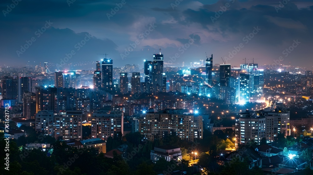 Stunning Night Cityscape of Hevnatovo and Kyiv in a Gritty Cyan and Gray Style