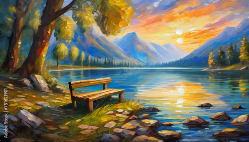 Abstract oil painting of bench on shore on lake, mountains and forest. Dramatic sky. Natural landscape.