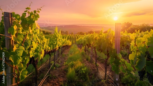 Sunset Over a Tuscan Vineyard in the Spring