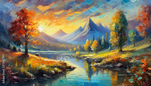 Abstract oil painting of lake, mountains and forest. Dramatic sky. Beautiful natural landscape.
