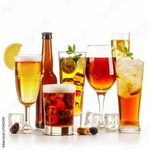 Variety of Alcoholic Drinks and Beverages Isolated on White