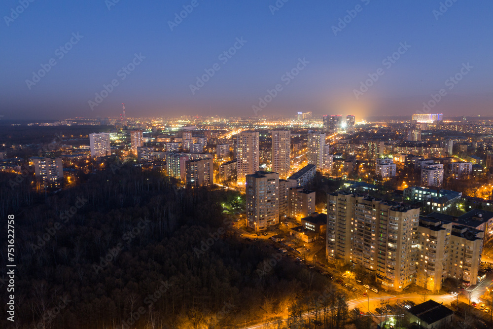 Night view of Moscow uptown near the forest
