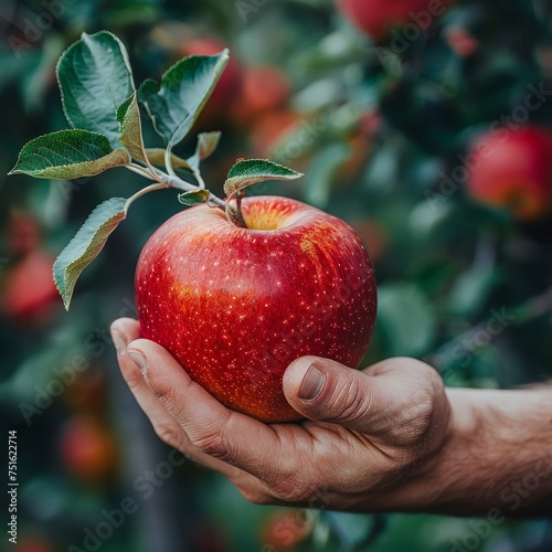 Hand reaching for a perfectly ripe apple, focus on the moment of harvest, background softly blurred for emphasis.