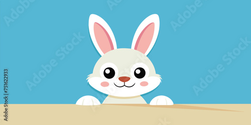 Cute Easter Bunny Peeking Over a Wooden Sign on a Blue Background
