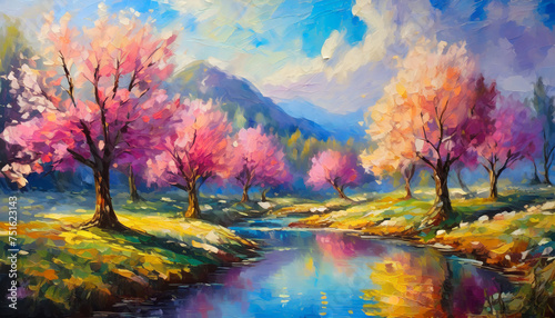 Abstract oil painting of river, mountains and blooming pink trees. Dramatic sky. Natural landscape.