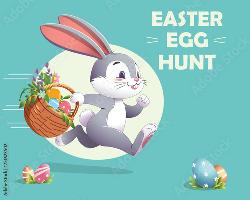 Happy Easter egg hunt contest with copy space. Easter festival background with funny bunny run away
