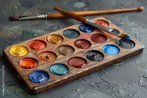 A well-used artist's palette with assorted colorful oil paints and a paintbrush.