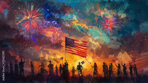 Digital Painting of People Watching Fireworks on American Independence Day