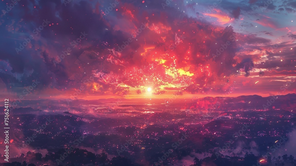 Anime Style Sunset Over Mountains with Fire and Sakura
