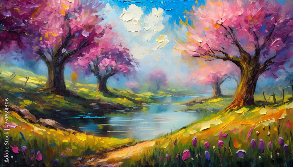 Abstract oil painting of river, mountains and blooming pink trees. Dramatic sky. Natural landscape.