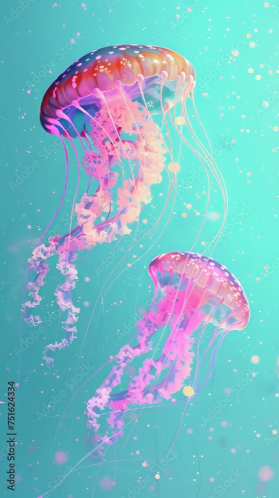 jellyfish with neon glow underwater.
