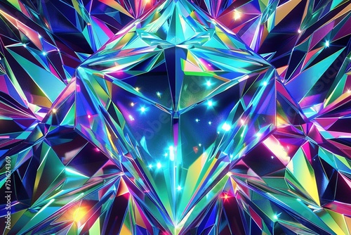 Dive into a mesmerizing Octane Render digital wallpaper featuring a luminous crystal with cosmic geometric patterns, adorned with a kaleidoscope of vibrant and prismatic iridescent hues photo