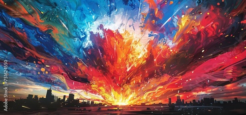 Abstract Art Painting of Vibrant City Explosion