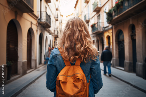 Back view of woman on backpack trip in city