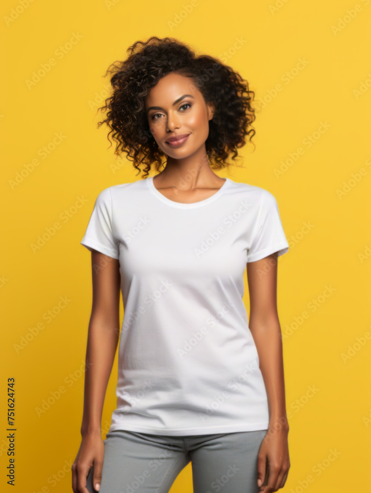 Obraz premium Photo of positive young beautiful woman with wearing casual white t-shirt for mockup