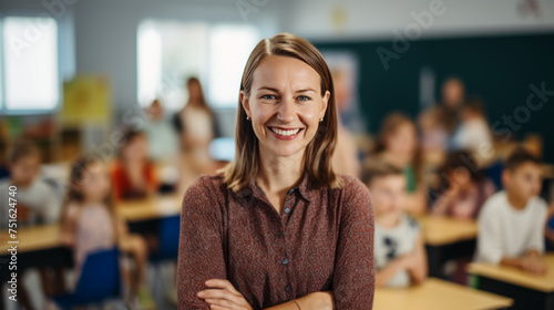 Confident Female Teacher in Classroom