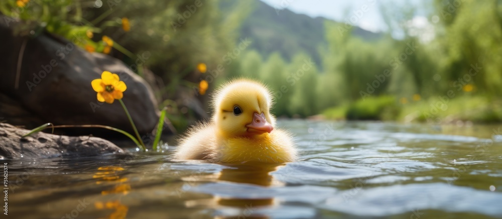 A cute yellow duckling is swimming in the river surrounded by vibrant yellow flowers. The scene captures the duckling enjoying its natural habitat and the beauty of the riverside. A cute yellow duckling is swimming in the river surrounded by vibrant yellow flowers. The scene captures the duckling enjoying its natural habitat and the beauty of the riverside.