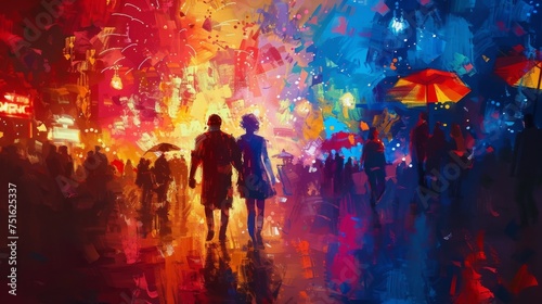Colorful Futuristic Painting of People Walking Through a Street Near Fireworks