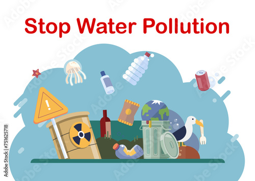 Water pollution. Vector illustration. The preservation environment is crucial for maintaining balance ecosystems Landfills are major source pollution and can contaminate nearby water sources