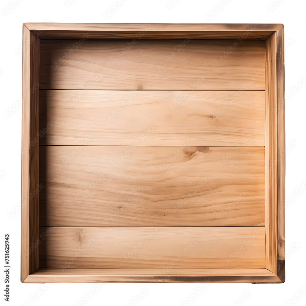 Empty wooden box. Wooden box without lid. Top view. AI image. Empty wooden box. Wooden box without lid. Top view. AI image.