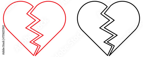 Black and red broken outline heart icons. Vector illustration