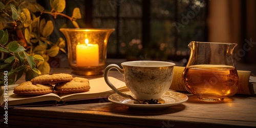 Inviting tea setting with a cup of tea  cookies  and a lit candle on a table with a warm backdrop