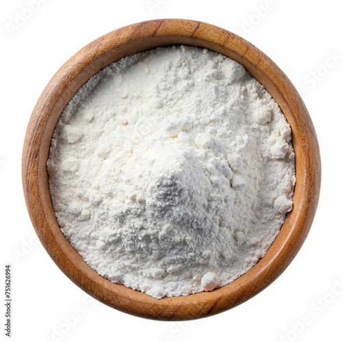 White wheat flour in wooden bowl isolated on transparent background.