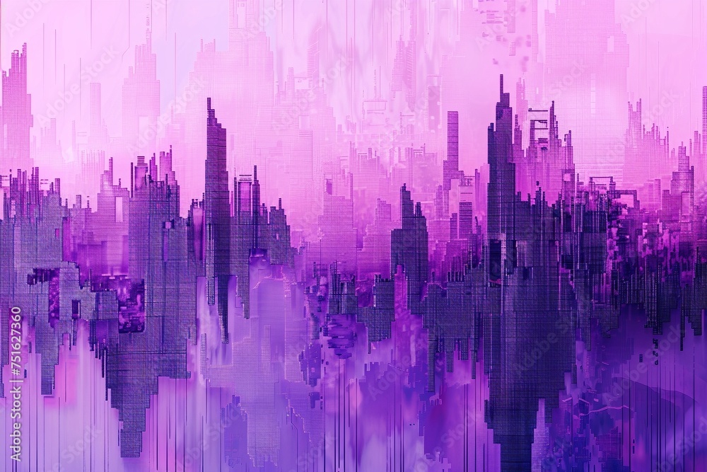 mesmerizing realm of purple digital pixelation, a cutting-edge technological texture background intertwining dynamic pixel patterns, evoking a futuristic aesthetic with a distant cityscape background