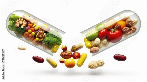 Nutritional supplements and vitamin supplements a capsules with fruit vegetables nuts and beans inside a nutrient pill, Medicine health concept. isolated on a white background