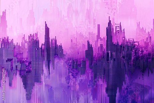 mesmerizing realm of purple digital pixelation  a cutting-edge technological texture background intertwining dynamic pixel patterns  evoking a futuristic aesthetic with a distant cityscape background